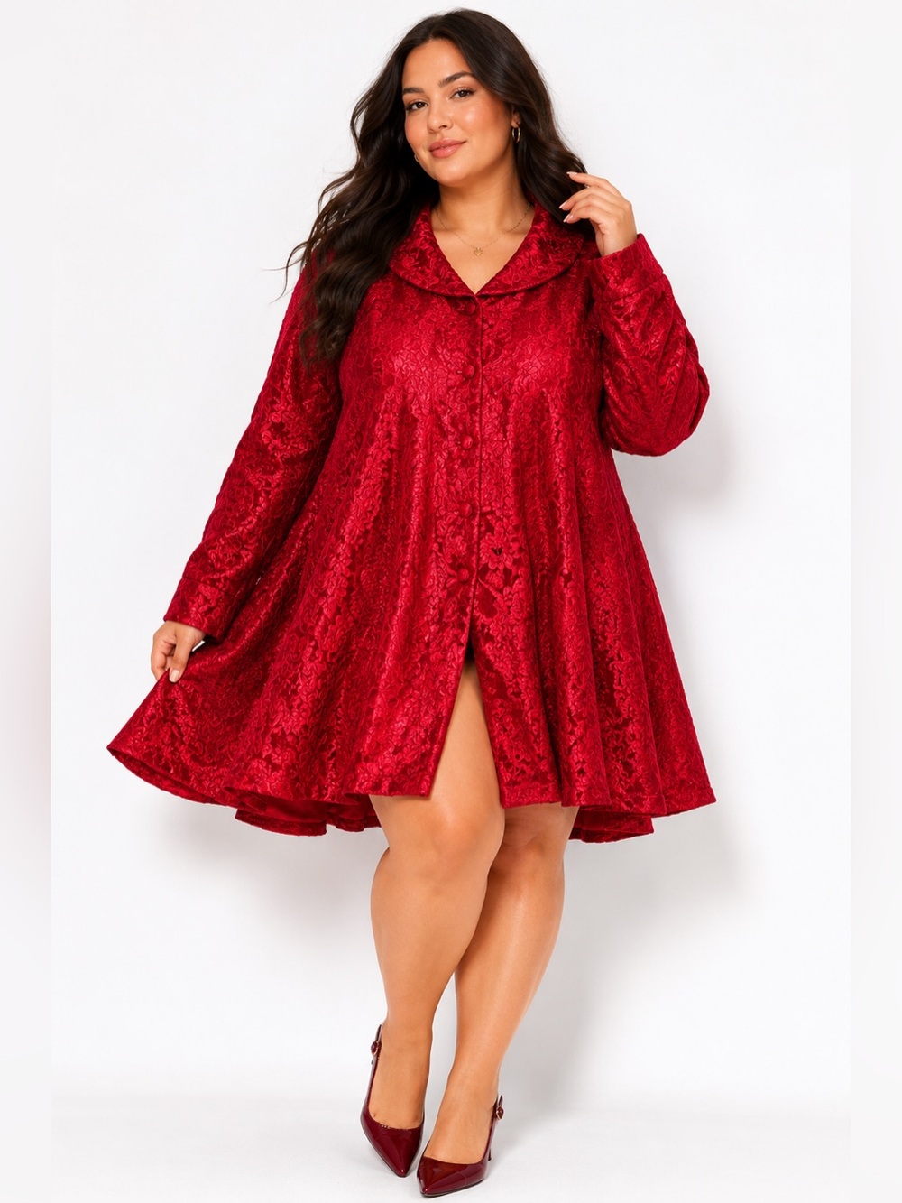 70s/80s European Vintage Floral Lace Lined Longline Robe Coat (Red) Size XL/1X